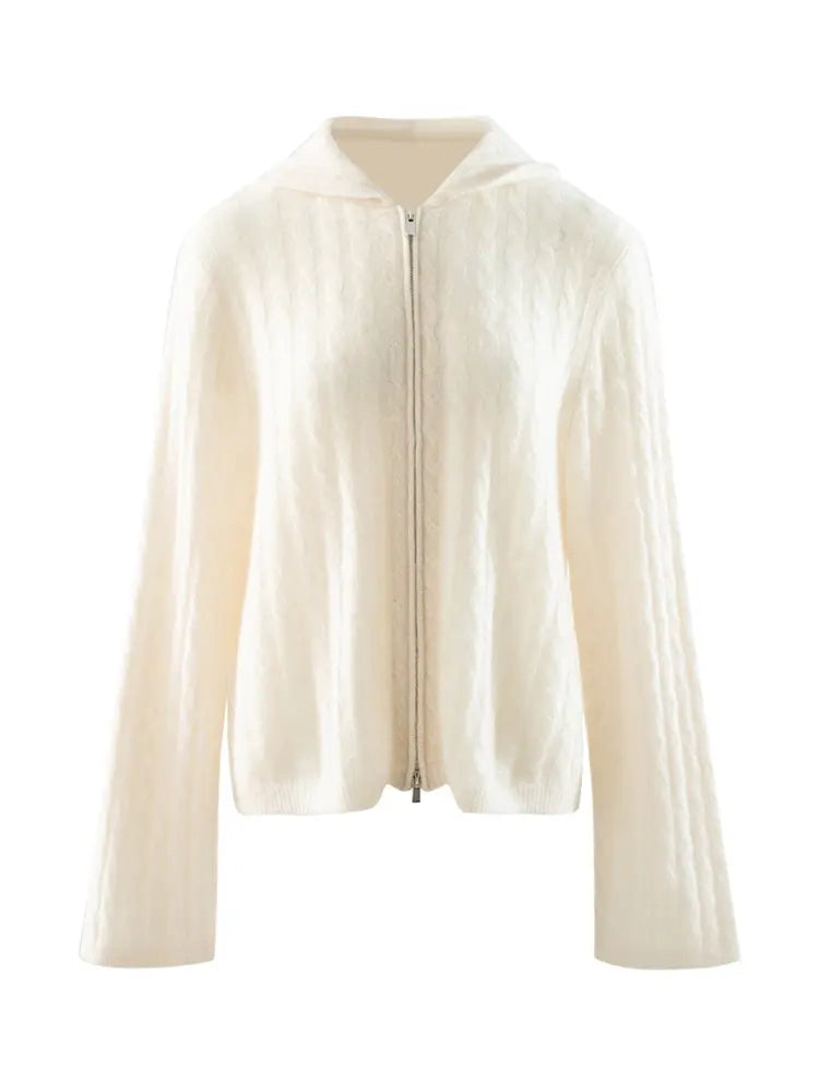 LANLY - Cashmere Hooded Zip Sweater Silk Mongolian Cable Knit Full-Zip Cardigan