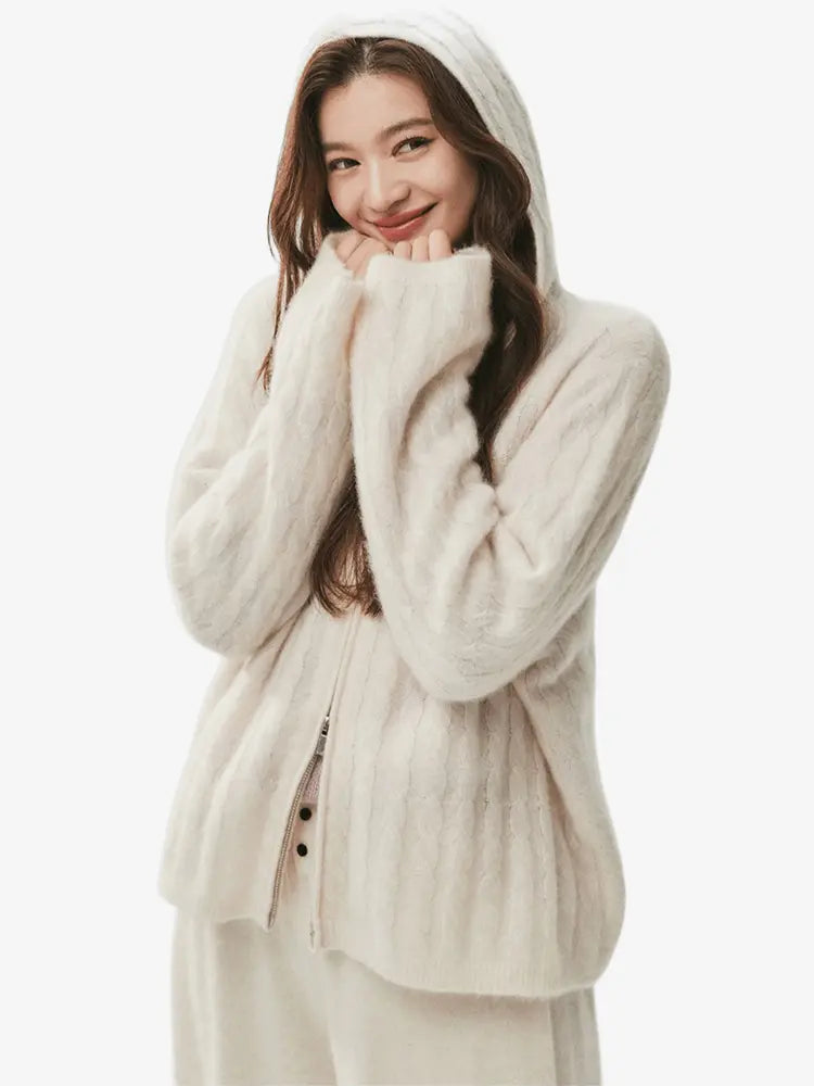 LANLY - Cashmere Hooded Zip Sweater Silk Mongolian Cable Knit Full-Zip Cardigan
