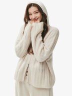 LANLY - Cashmere Hooded Zip Sweater Silk Mongolian Cable Knit Full-Zip Cardigan