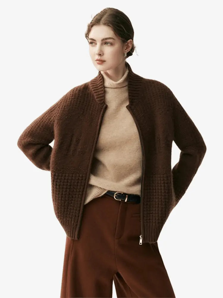LANLY - Chunky Cashmere Jacket Mongolian Wool Blend Textured Zip Up Cardigan