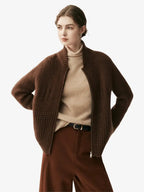 LANLY - Chunky Cashmere Jacket Mongolian Wool Blend Textured Zip Up Cardigan