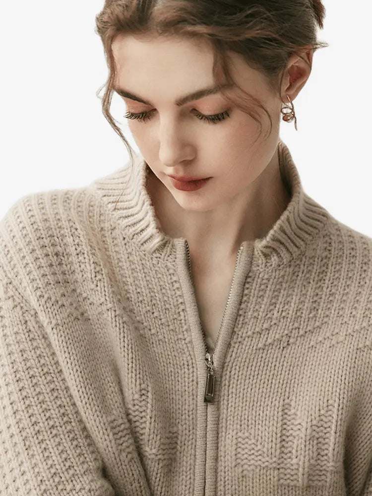 LANLY - Chunky Cashmere Jacket Mongolian Wool Blend Textured Zip Up Cardigan