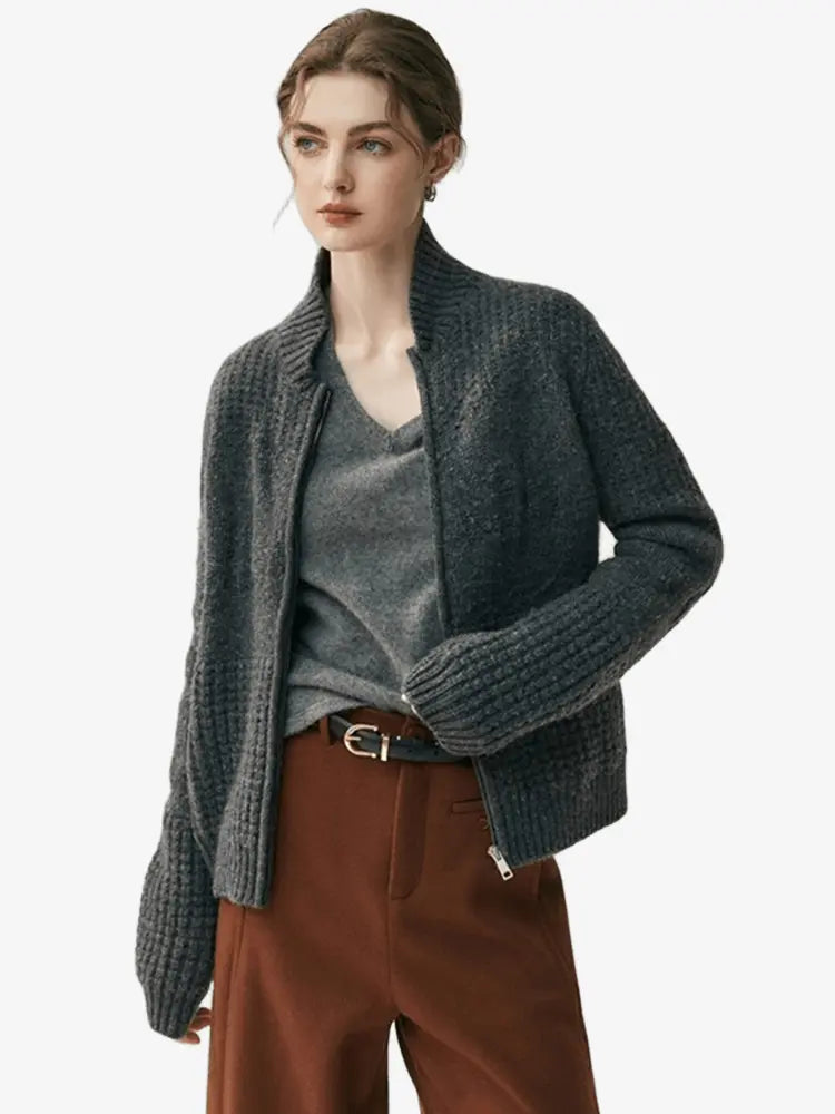 LANLY - Chunky Cashmere Jacket Mongolian Wool Blend Textured Zip Up Cardigan