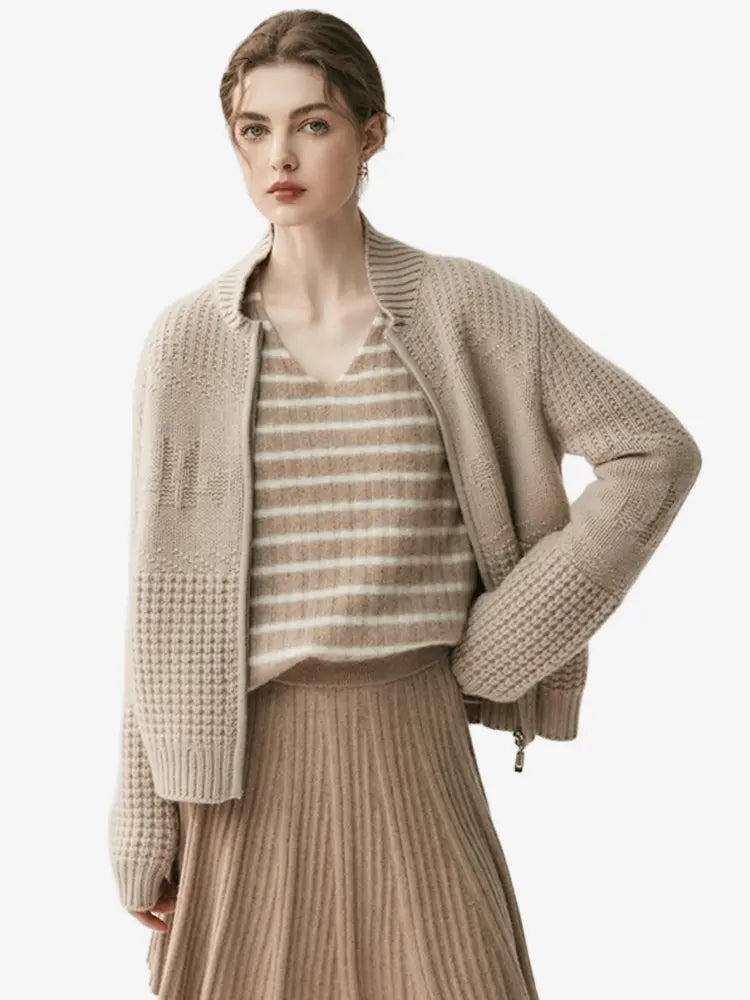 LANLY - Chunky Cashmere Jacket Mongolian Wool Blend Textured Zip Up Cardigan