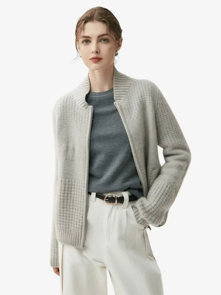 LANLY - Chunky Cashmere Jacket Mongolian Wool Blend Textured Zip Up Cardigan