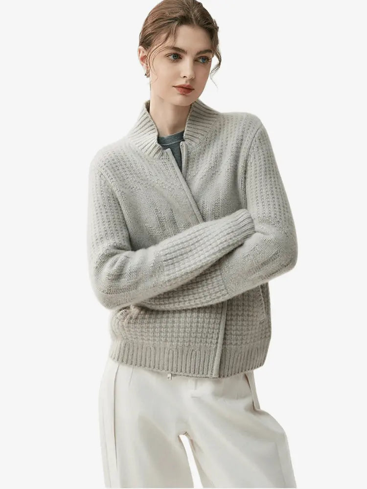 LANLY - Chunky Cashmere Jacket Mongolian Wool Blend Textured Zip Up Cardigan