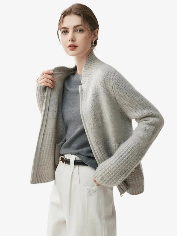 LANLY - Chunky Cashmere Jacket Mongolian Wool Blend Textured Zip Up Cardigan