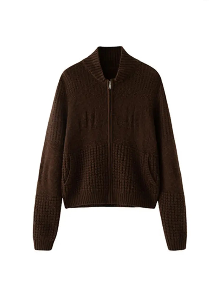 LANLY - Chunky Cashmere Jacket Mongolian Wool Blend Textured Zip Up Cardigan