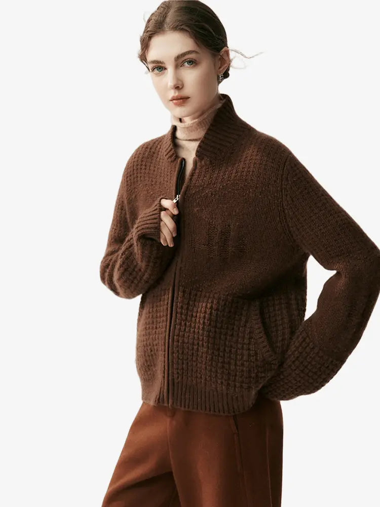 LANLY - Chunky Cashmere Jacket Mongolian Wool Blend Textured Zip Up Cardigan