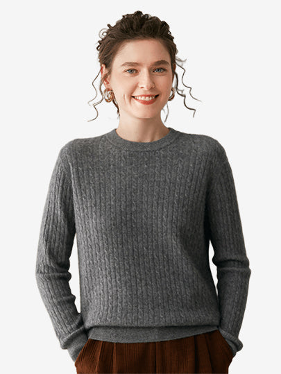 LANLY - Women's Cable Knit Sweater Soft Cashmere Wool Crewneck Top