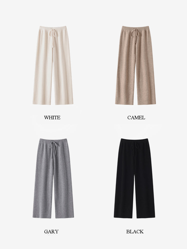 LANLY - Women's Cashmere Pants Mongolian Full Needle Rib Knit Wide Leg Pants