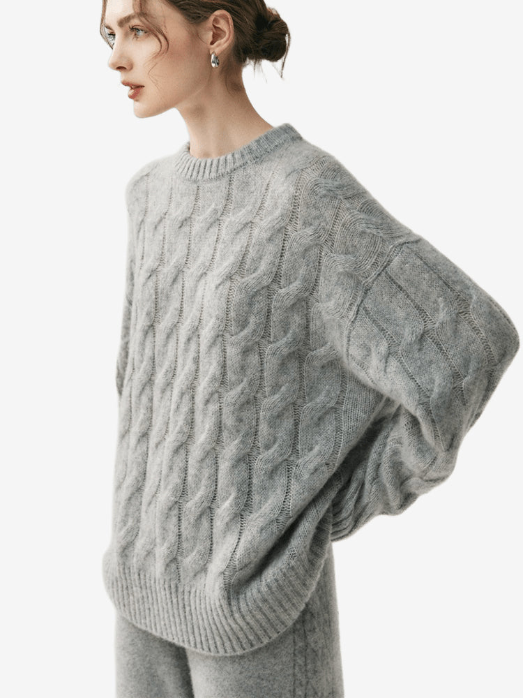 Lanly Cashmere Cable Sweater - Silk Blend Mongolia Crewneck Pullover