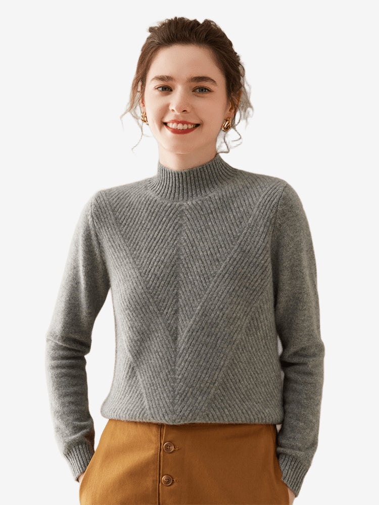 LanlyCashmere Women's Wool Cashmere Blend Mock Neck Sweater – Diagonal Rib Knit Pullover
