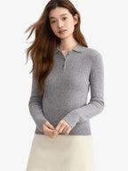 LANLY - Women's Cashmere Polo Sweater Mongolian Pointelle Long Sleeve Top