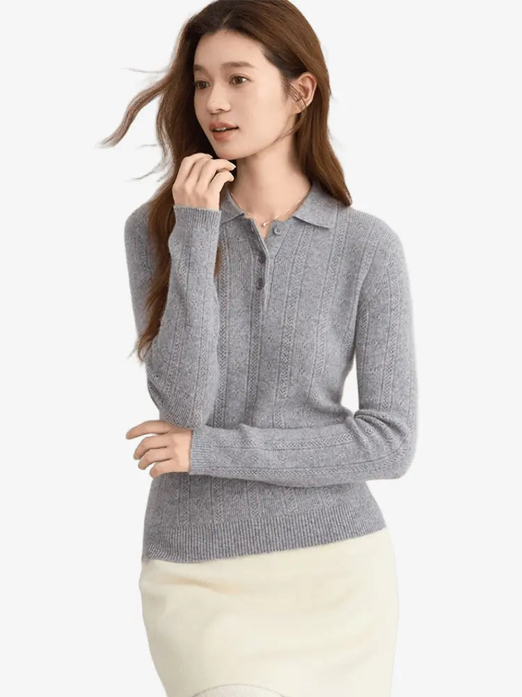 LANLY - Women's Cashmere Polo Sweater Mongolian Pointelle Long Sleeve Top