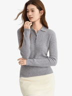 LANLY - Women's Cashmere Polo Sweater Mongolian Pointelle Long Sleeve Top