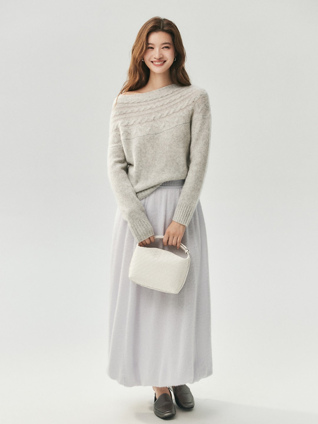 LANLY - Women's Cashmere Maxi Skirt Silk Cashmere Blend High Waisted A-Line Flare Skirt