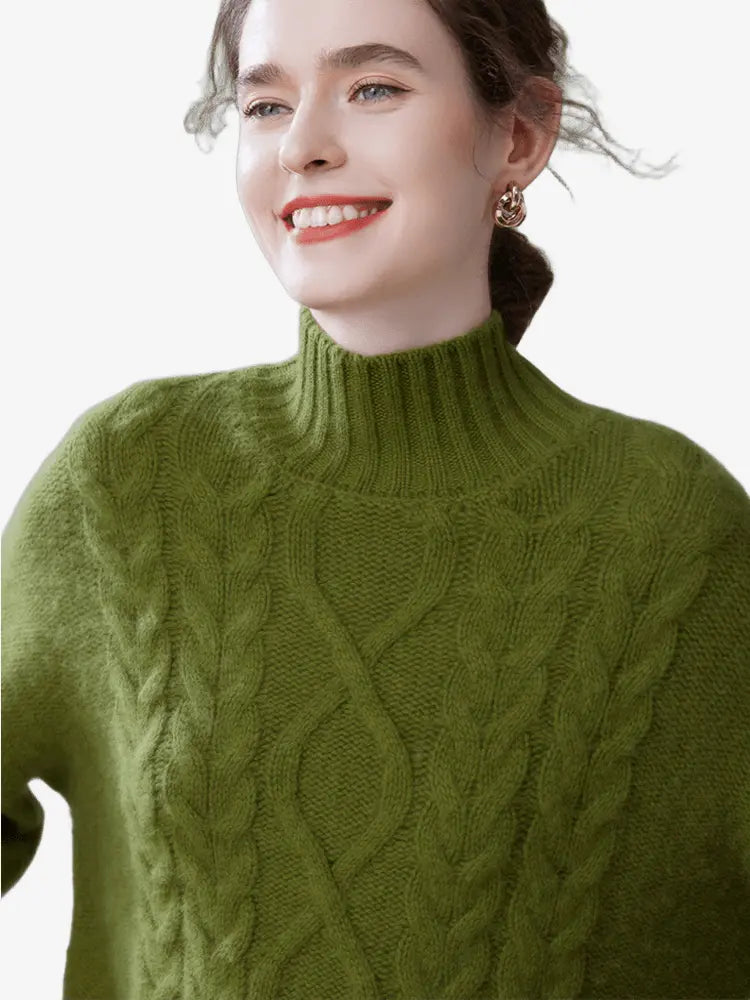 LANLY - Women's Cable Knit Cashmere Sweater Heavyweight Mongolian Mock Neck Pullover