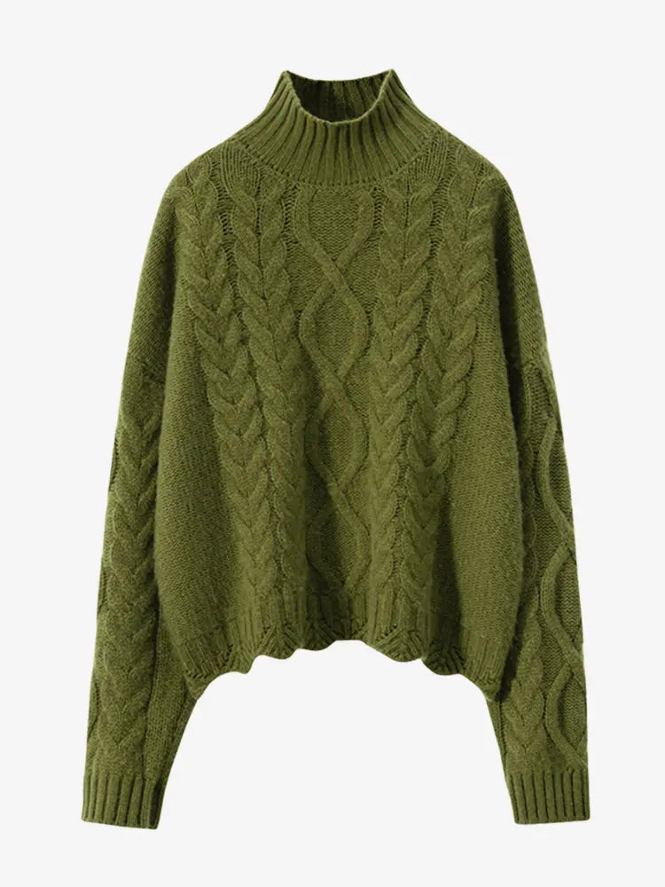 LANLY - Women's Cable Knit Cashmere Sweater Heavyweight Mongolian Mock Neck Pullover