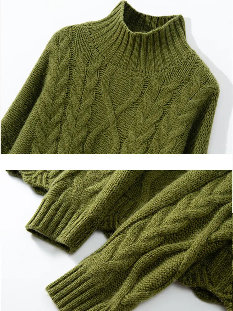 LANLY - Women's Cable Knit Cashmere Sweater Heavyweight Mongolian Mock Neck Pullover