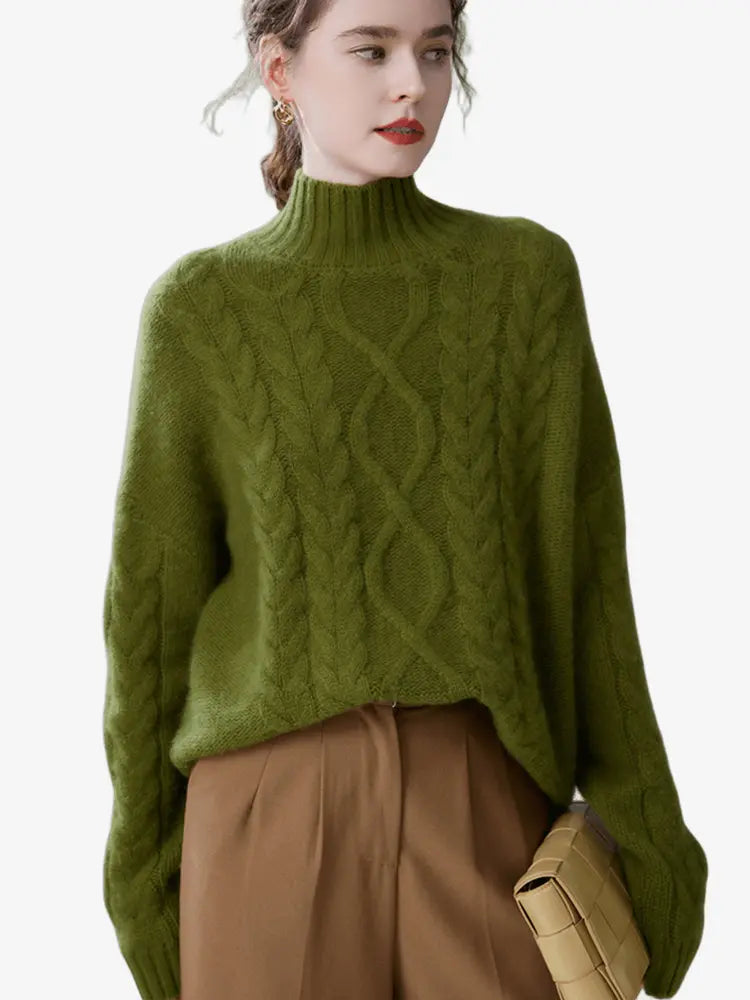 LANLY - Women's Cable Knit Cashmere Sweater Heavyweight Mongolian Mock Neck Pullover