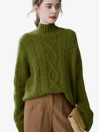 LANLY - Women's Cable Knit Cashmere Sweater Heavyweight Mongolian Mock Neck Pullover