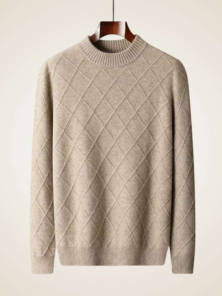 LanlyCashmere Men's Diamond Knit Cashmere Sweater Mock Neck