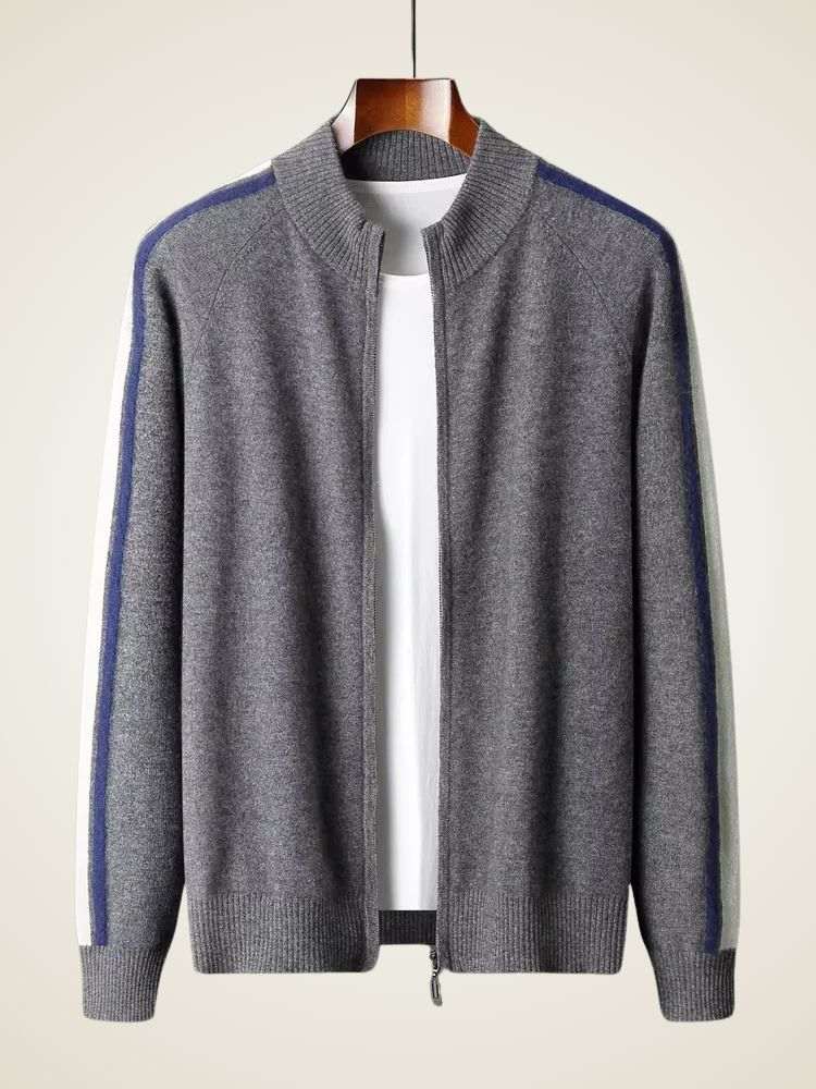 LanlyCashmere Men's Stripe Zip Cashmere Sweater Sport Knit