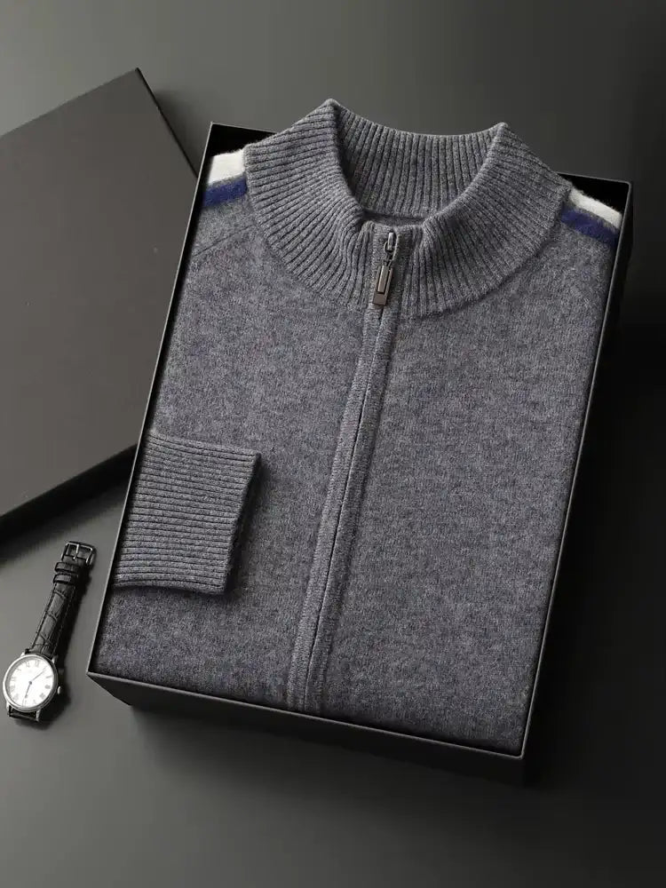 LanlyCashmere Men's Stripe Zip Cashmere Sweater Sport Knit