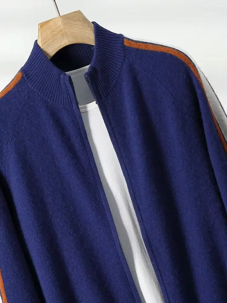 LanlyCashmere Men's Stripe Zip Cashmere Sweater Sport Knit
