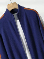 LanlyCashmere Men's Stripe Zip Cashmere Sweater Sport Knit