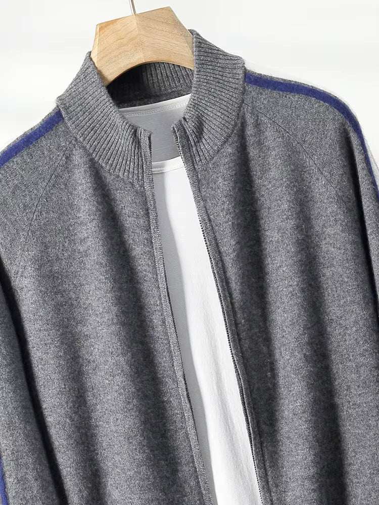 LanlyCashmere Men's Stripe Zip Cashmere Sweater Sport Knit