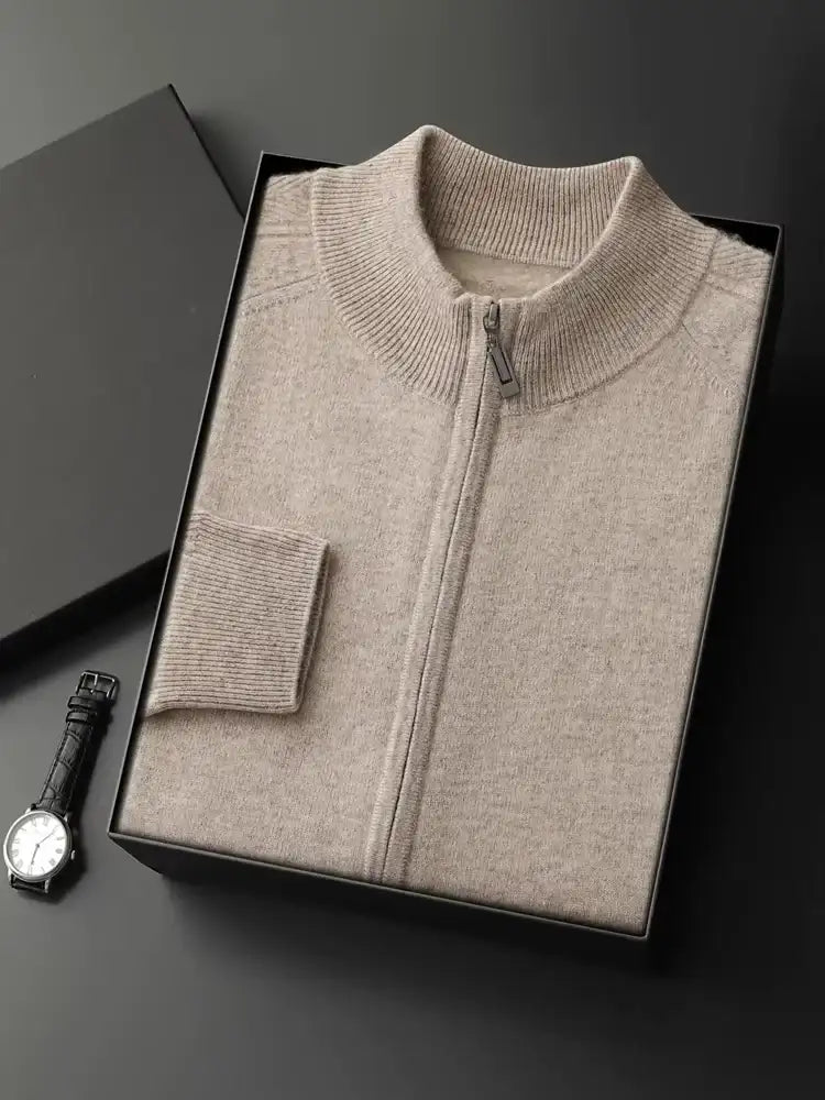 LanlyCashmere Men's Zip Up Cashmere Cardigan Stand Collar