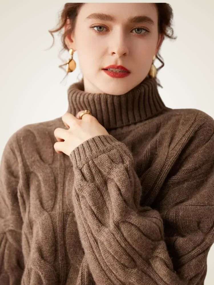 LanlyCashmere Women's Cable Knit Cashmere Turtleneck Sweater