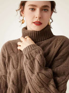 LanlyCashmere Women's Cable Knit Cashmere Turtleneck Sweater