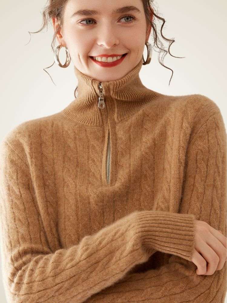 LanlyCashmere Women's Half Zip Cable Knit Cashmere Sweater