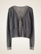 LanlyCashmere Women's Lace Trim Cashmere Cardigan V Neck Knit