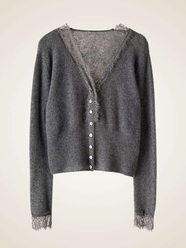 LanlyCashmere Women's Lace Trim Cashmere Cardigan V Neck Knit