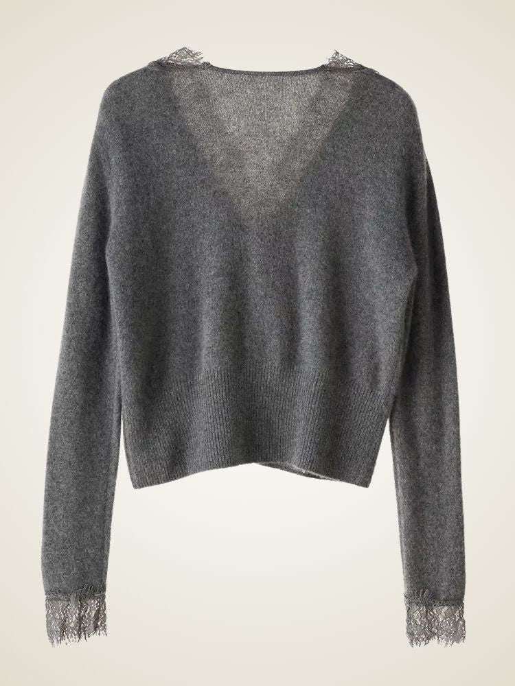 LanlyCashmere Women's Lace Trim Cashmere Cardigan V Neck Knit