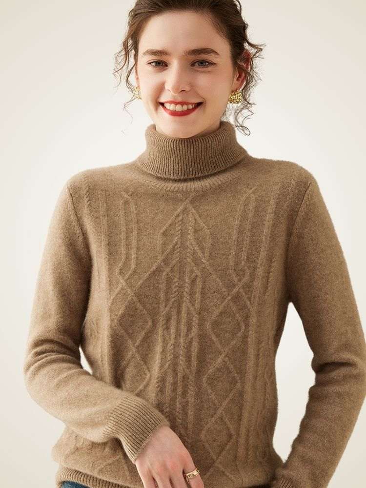 LanlyCashmere Women's Textured Cashmere Turtleneck Sweater