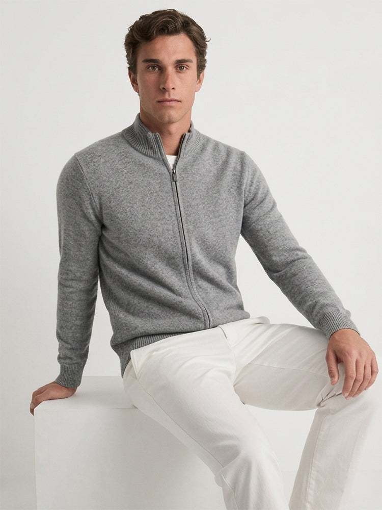 LanlyCashmere Men’s Premium Mongolia Cashmere Full-Zip Mock Neck Cardigan