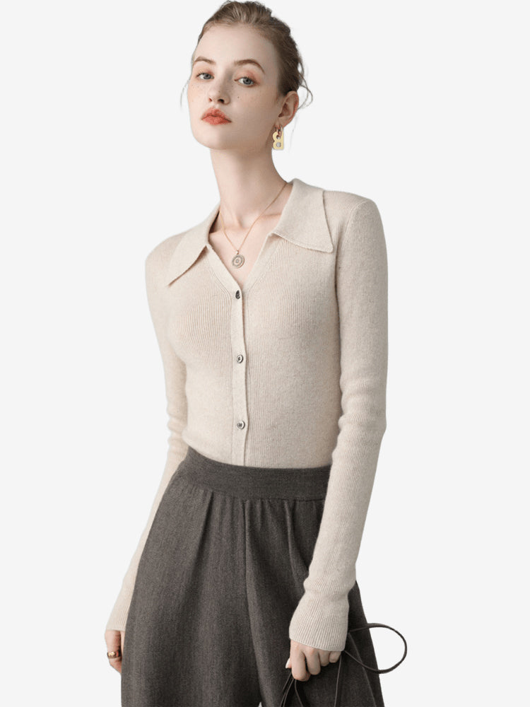 LanlyCashmere Women’s Collared Cashmere Cardigan – Slim Fit Button Knit Top