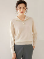 LanlyCashmere Damen Kaschmirpullover mit halbem Reißverschluss – Gerippter Stehkragen Strickpullover