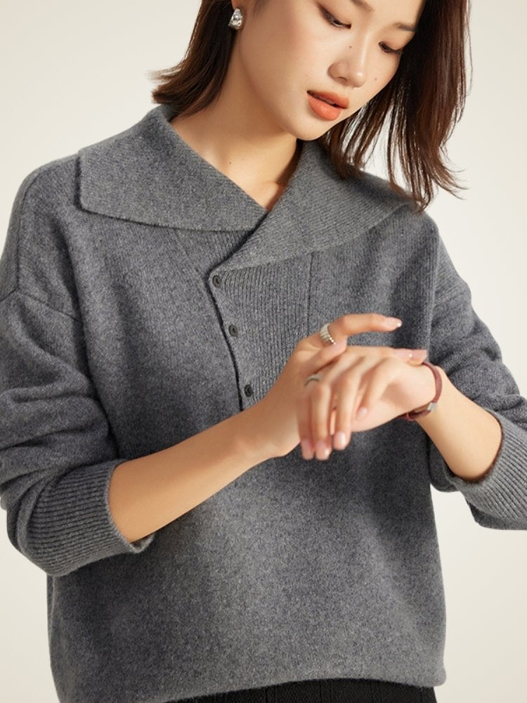 LanlyCashmere Asymmetric Collar Sweater - Grey Mongolia Cashmere Pullover