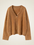 LanlyCashmere Brushed Cashmere Zip Sweater – Soft V-Neck Knit Cardigan