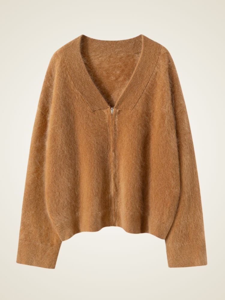 LanlyCashmere Brushed Cashmere Zip Sweater – Soft V-Neck Knit Cardigan