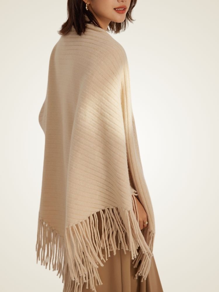 LanlyCashmere Cashmere Triangle Shawl – Fringe Knit Wrap Oversized Cape