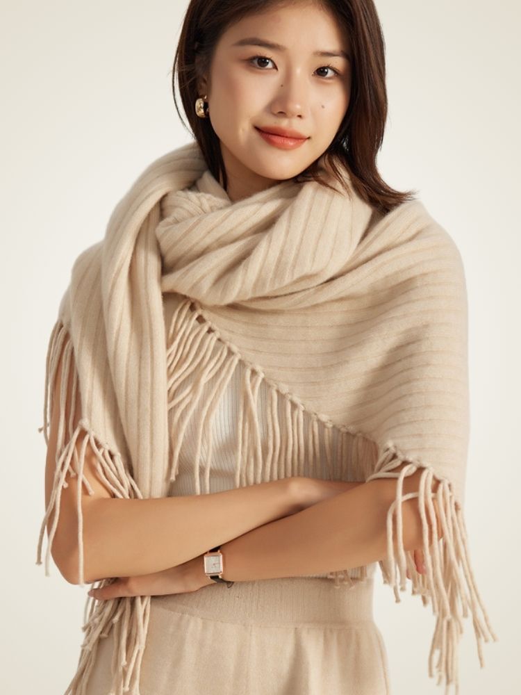 LanlyCashmere Cashmere Triangle Shawl – Fringe Knit Wrap Oversized Cape