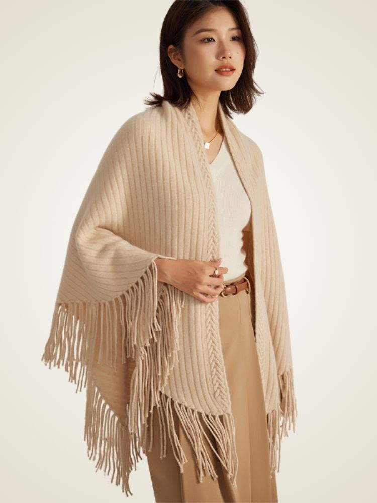 LanlyCashmere Cashmere Triangle Shawl – Fringe Knit Wrap Oversized Cape