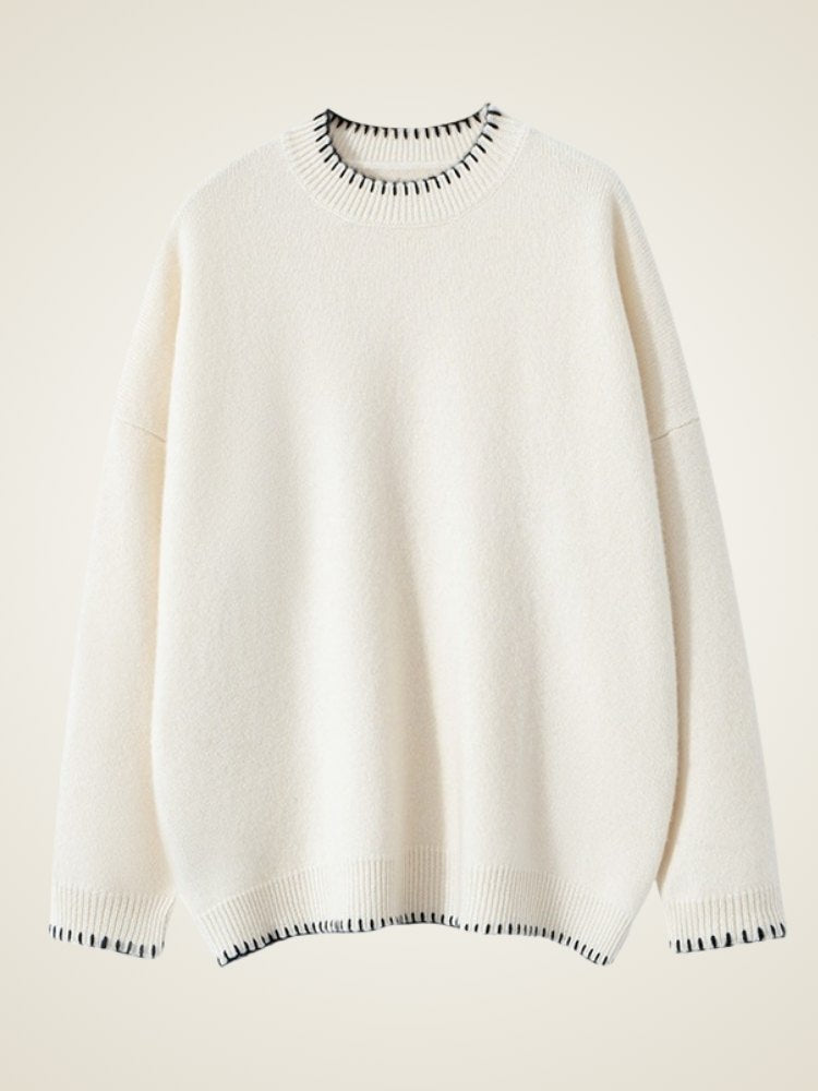 LanlyCashmere Contrast Stitch Crewneck - Mongolia Cashmere Pullover